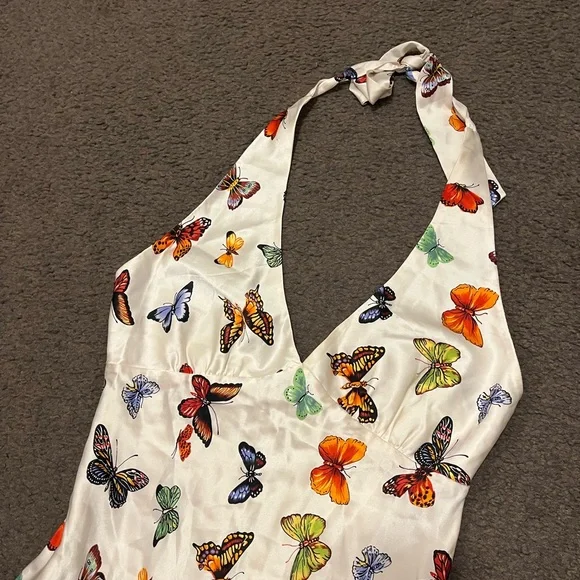 Y2K Vintage Poleci Silk Butterfly Babydoll Midi Dress - Picture 9 of 10